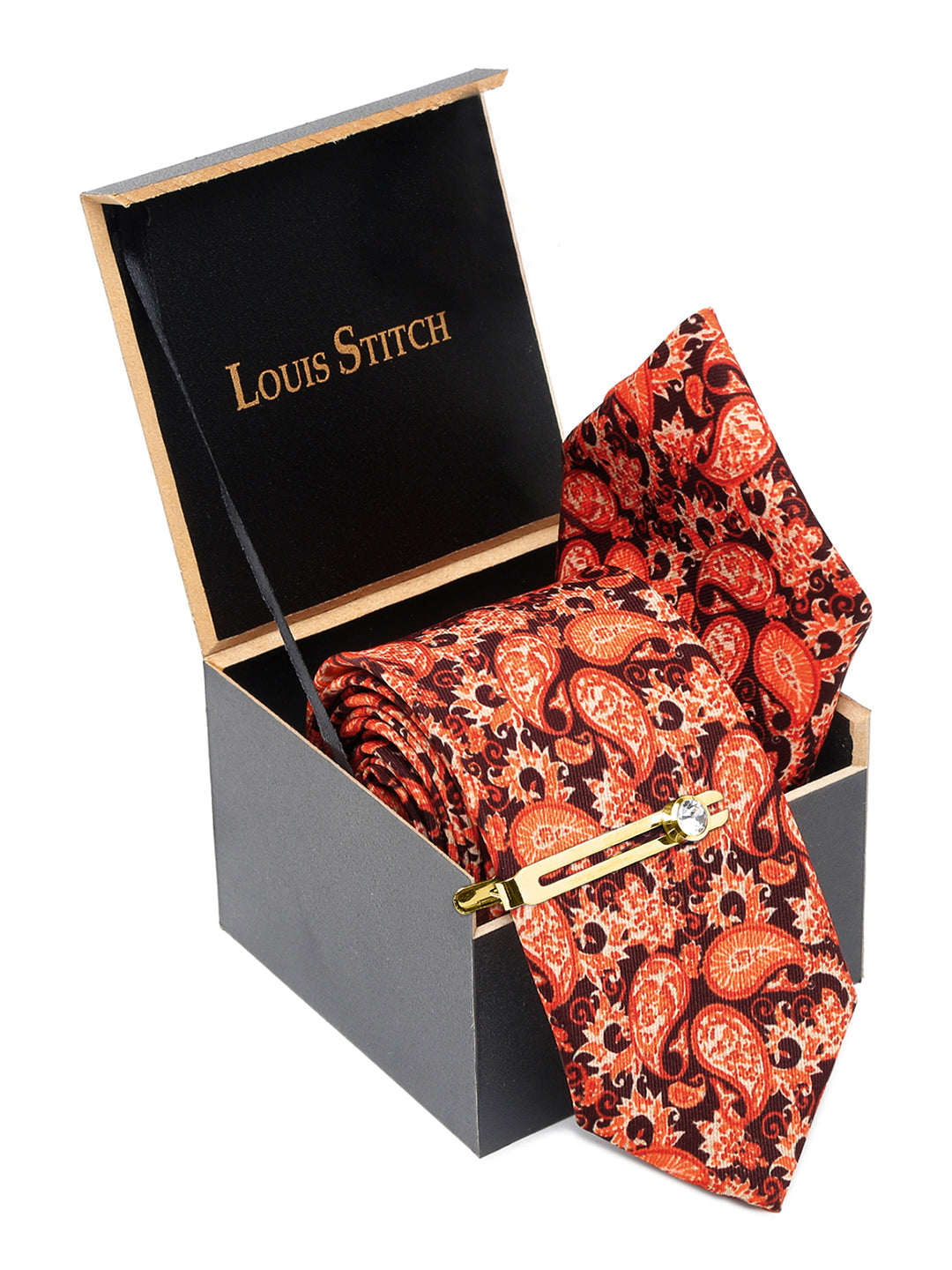 International Orange Luxury Italian Silk Necktie Set With Pocket Square Golden Tie Pin