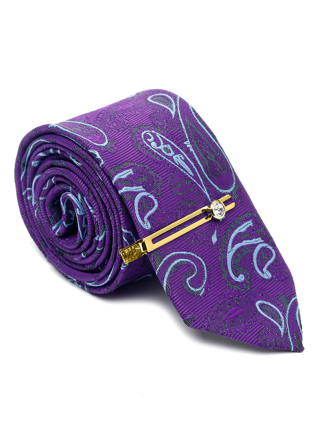 Purple Luxury Italian Silk Necktie Set With Pocket Square Gold Tie pin