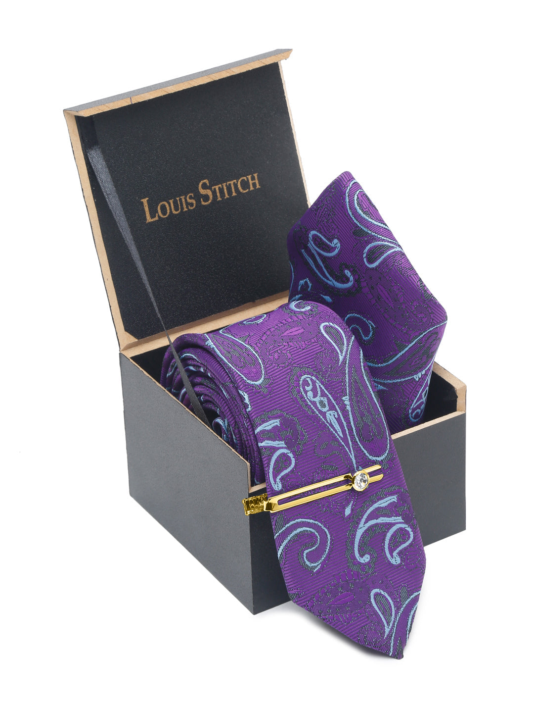 Purple Luxury Italian Silk Necktie Set With Pocket Square Gold Tie pin