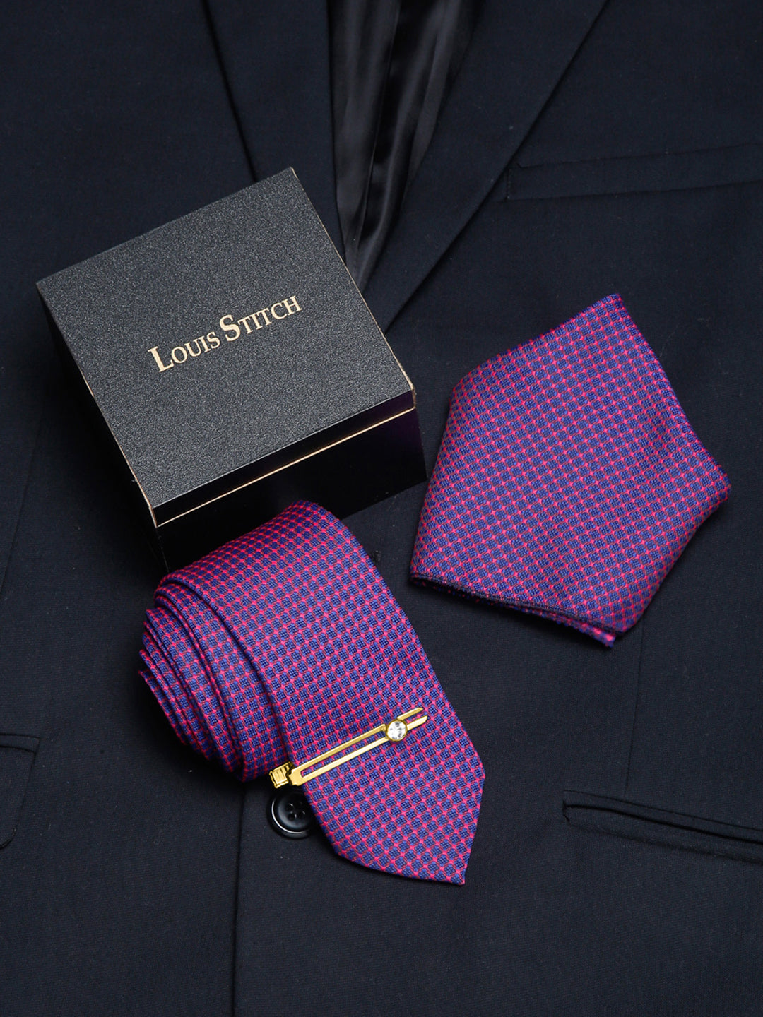 Violet Luxury Italian Silk Necktie Set With Pocket Square Gold Tie pin