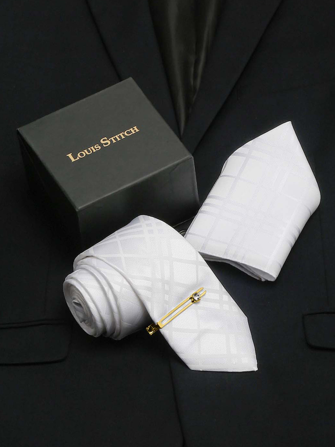 Snow White Italian Silk Necktie Set Pocket Square Golden Tiepin