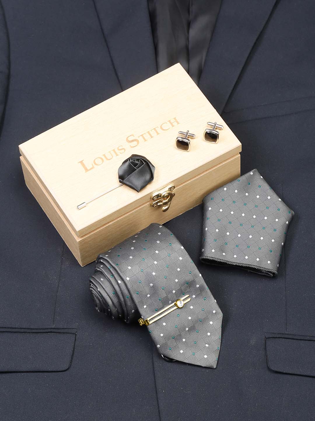 Grey polka Luxury Italian Silk Necktie Set With Pocket Square Cufflinks Brooch Gold Tie pin