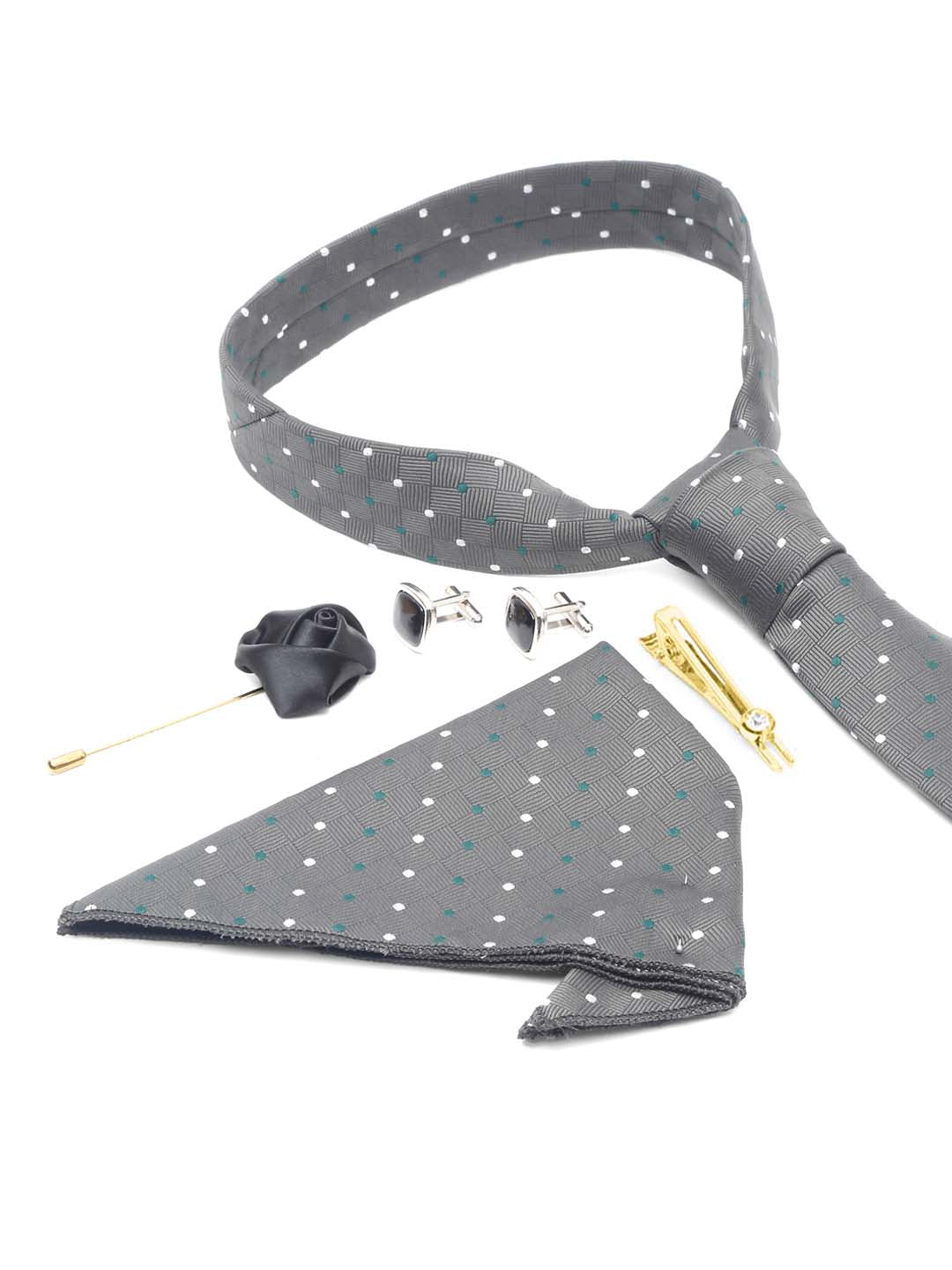 Grey polka Luxury Italian Silk Necktie Set With Pocket Square Cufflinks Brooch Gold Tie pin