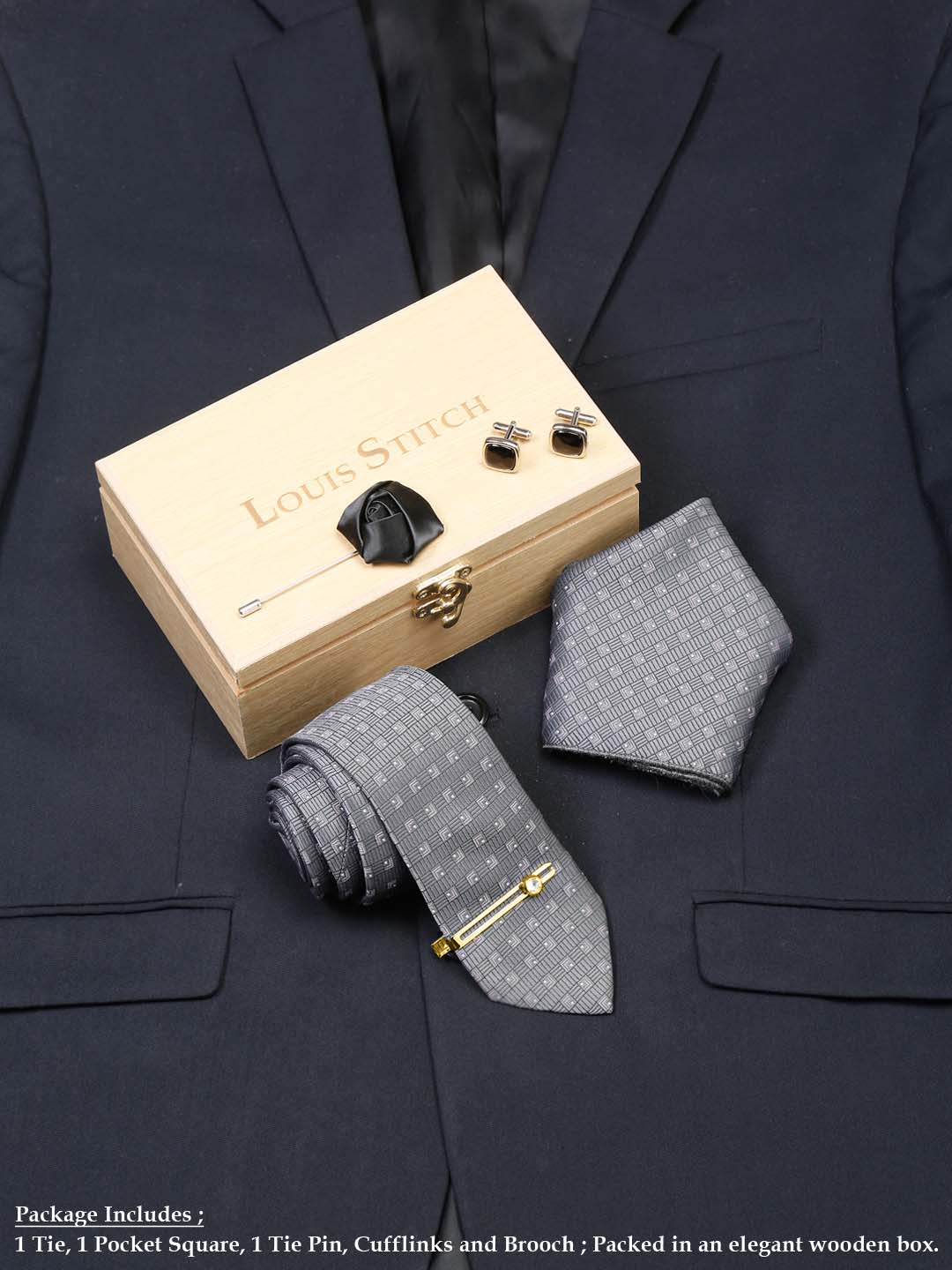 Grey Checkerd Luxury Italian Silk Necktie Set With Pocket Square Cufflinks Brooch Gold Tie pin