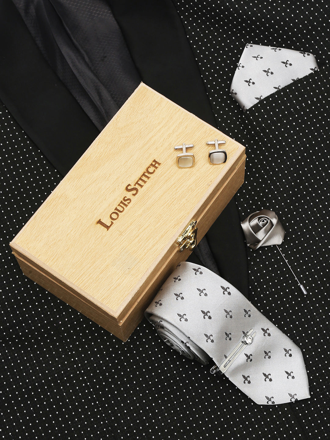 Arrow Grey Luxury Italian Silk Necktie Set With Pocket Square Cufflinks Brooch Chrome Tie pin