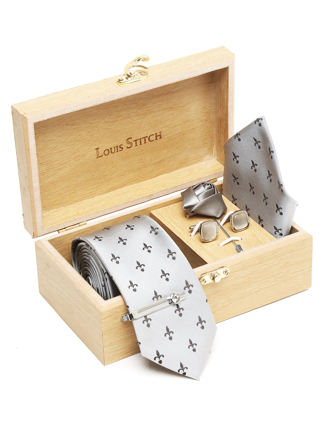 Arrow Grey Luxury Italian Silk Necktie Set With Pocket Square Cufflinks Brooch Chrome Tie pin