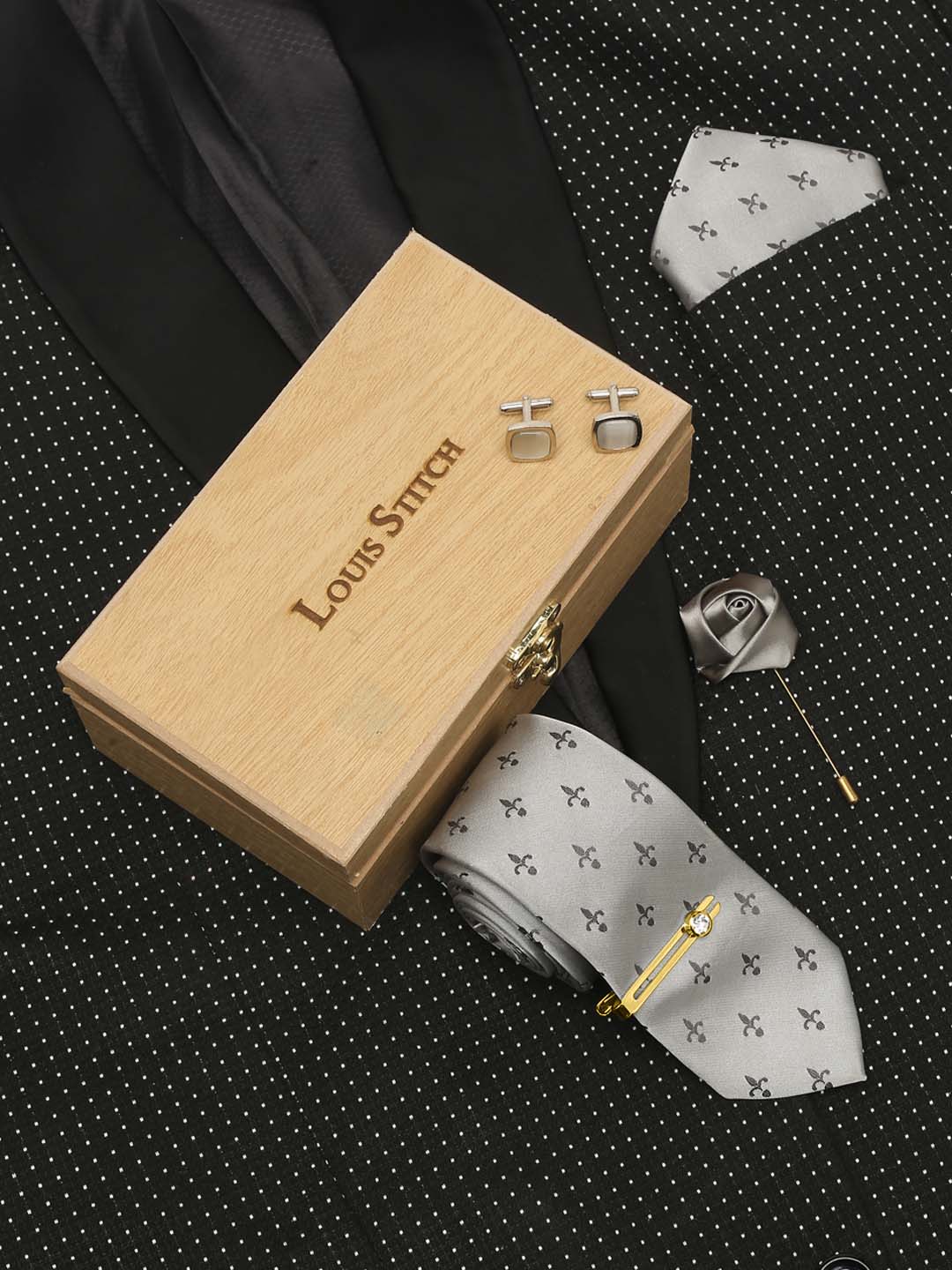 Arrow Grey Luxury Italian Silk Necktie Set With Pocket Square Cufflinks Brooch Gold Tie pin