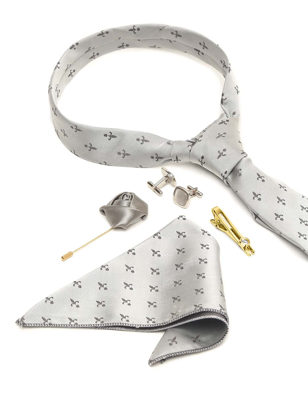 Arrow Grey Luxury Italian Silk Necktie Set With Pocket Square Cufflinks Brooch Gold Tie pin