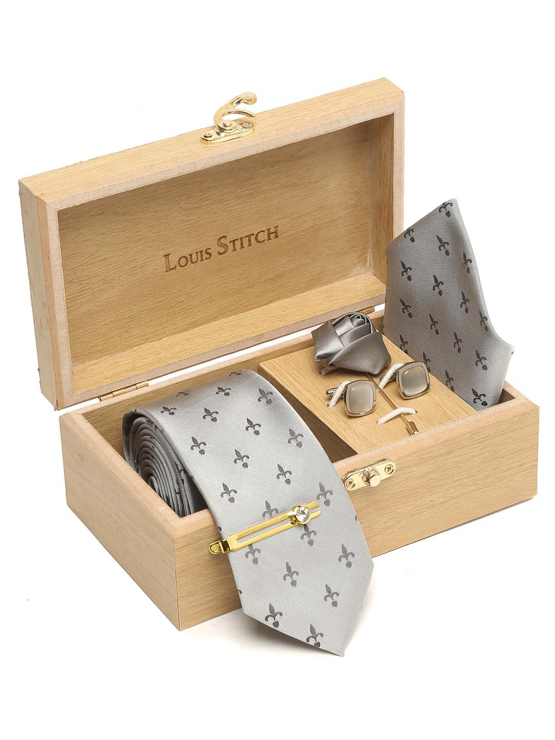 Arrow Grey Luxury Italian Silk Necktie Set With Pocket Square Cufflinks Brooch Gold Tie pin