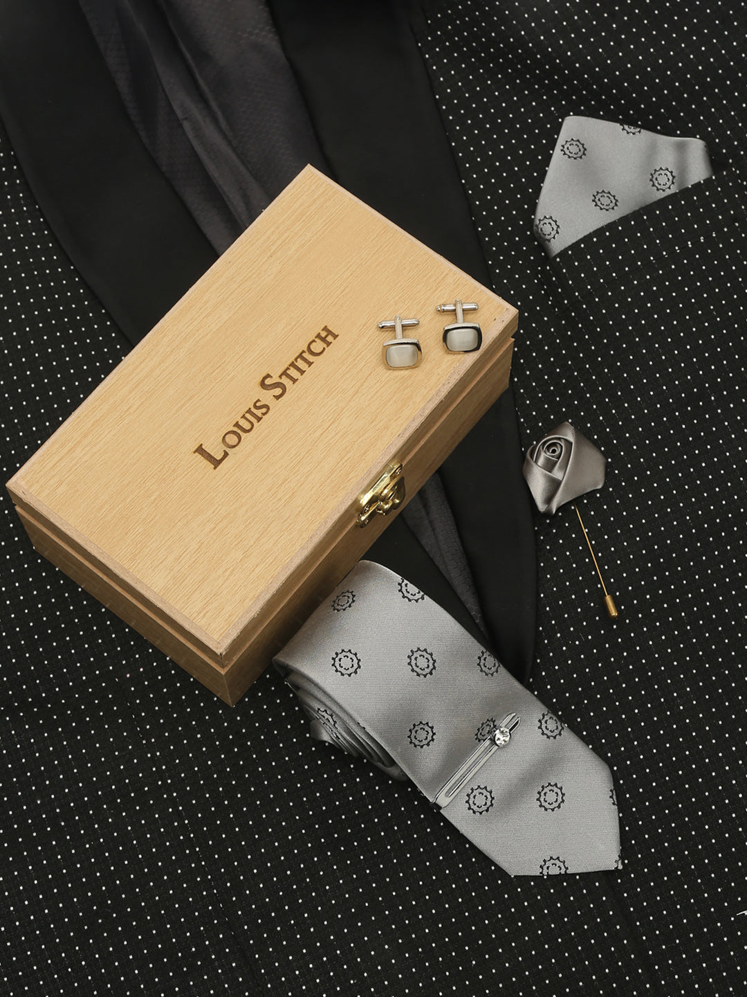 Polka Grey Luxury Italian Silk Necktie Set With Pocket Square Cufflinks Brooch Chrome Tie pin