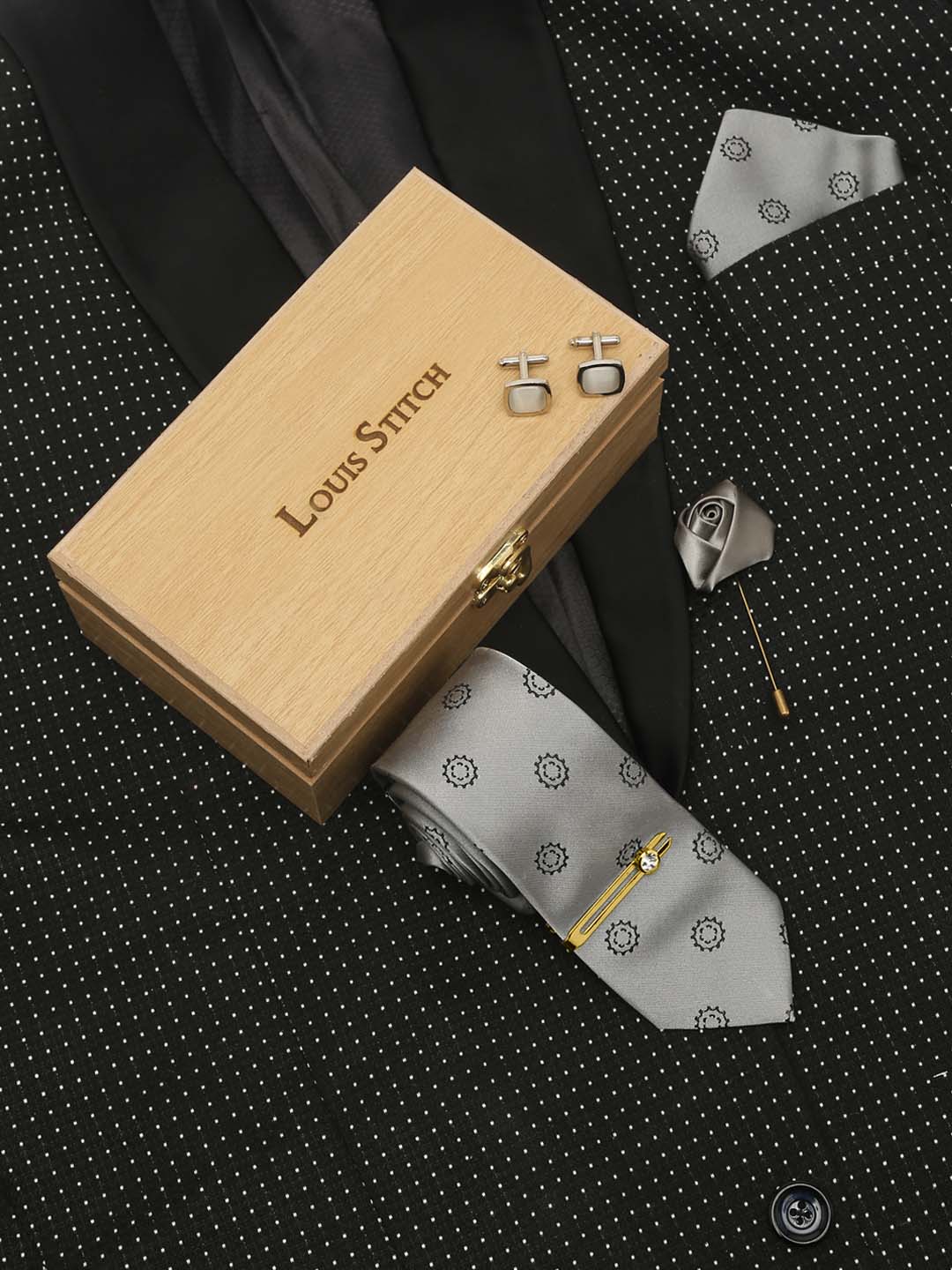 Polka Grey Luxury Italian Silk Necktie Set With Pocket Square Cufflinks Brooch Gold Tie pin