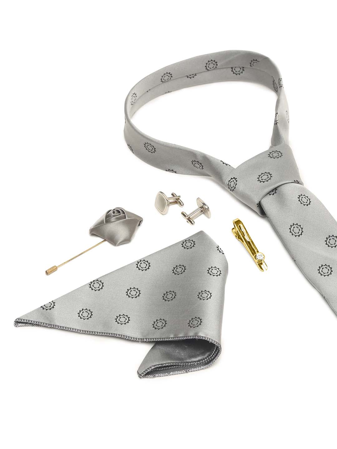 Polka Grey Luxury Italian Silk Necktie Set With Pocket Square Cufflinks Brooch Gold Tie pin