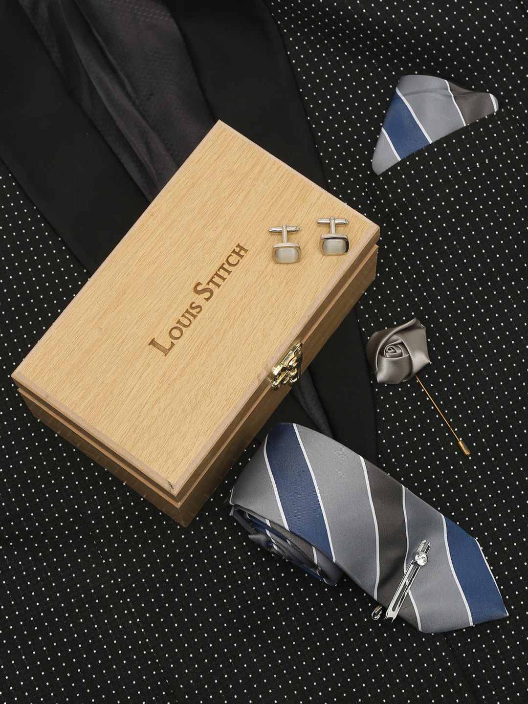 Lined Blue Luxury Italian Silk Necktie Set With Pocket Square Cufflinks Brooch Chrome Tie pin