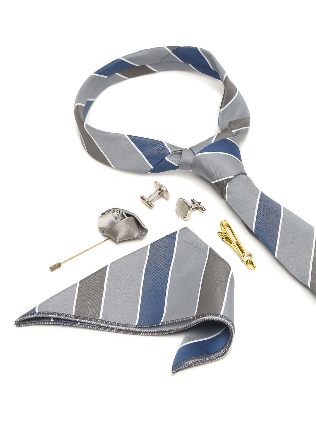 Lined Blue Luxury Italian Silk Necktie Set With Pocket Square Cufflinks Brooch Gold Tie pin