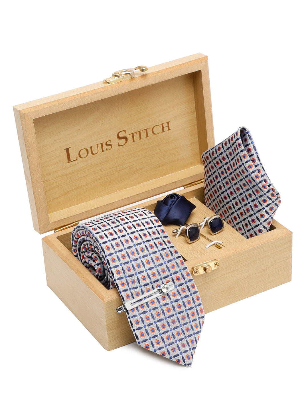 Cloud Grey Luxury Italian Silk Necktie Set With Pocket Square Cufflinks Brooch Chrome Tie pin