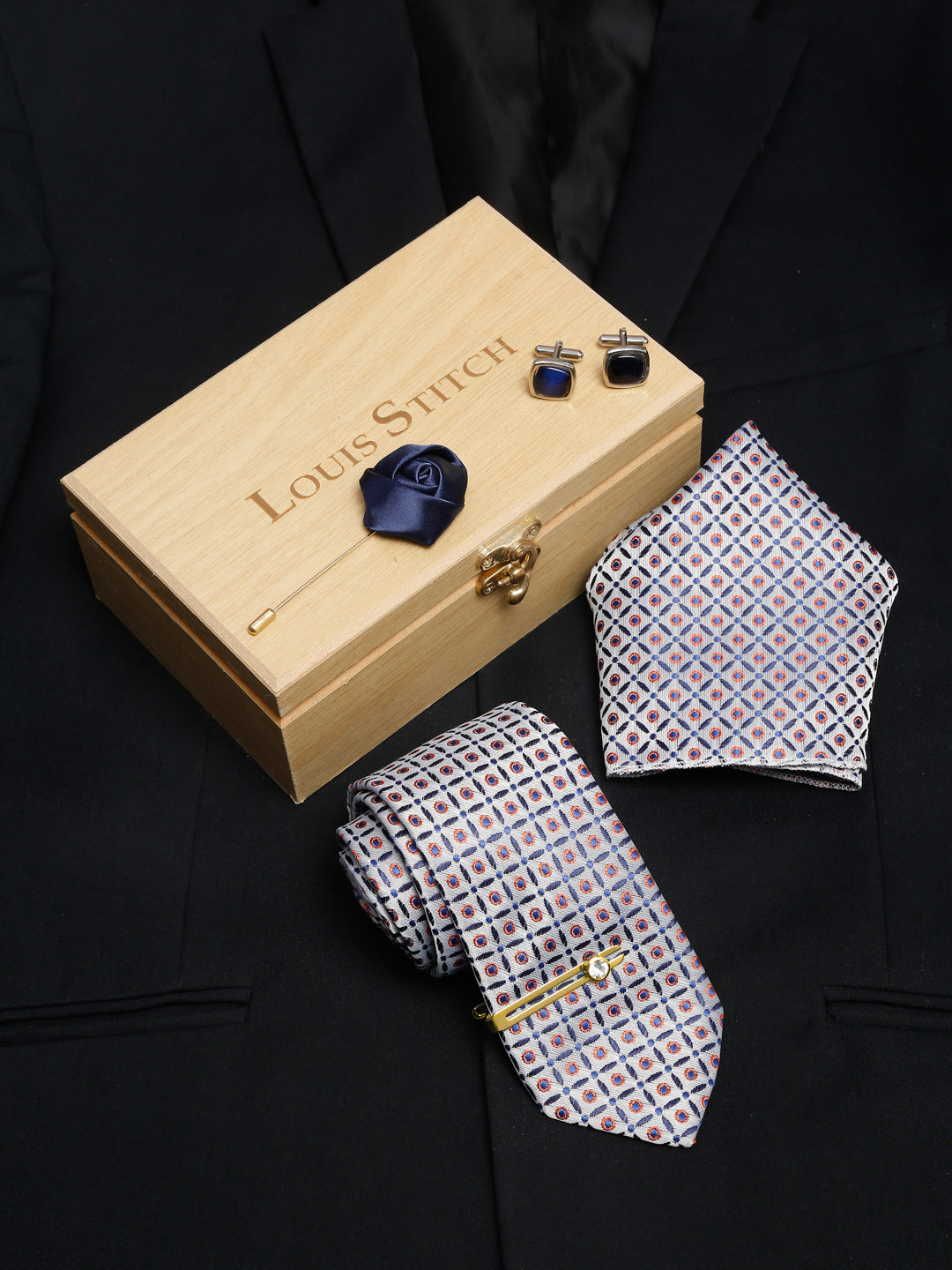 Cloud Grey Luxury Italian Silk Necktie Set With Pocket Square Cufflinks Brooch Gold Tie pin