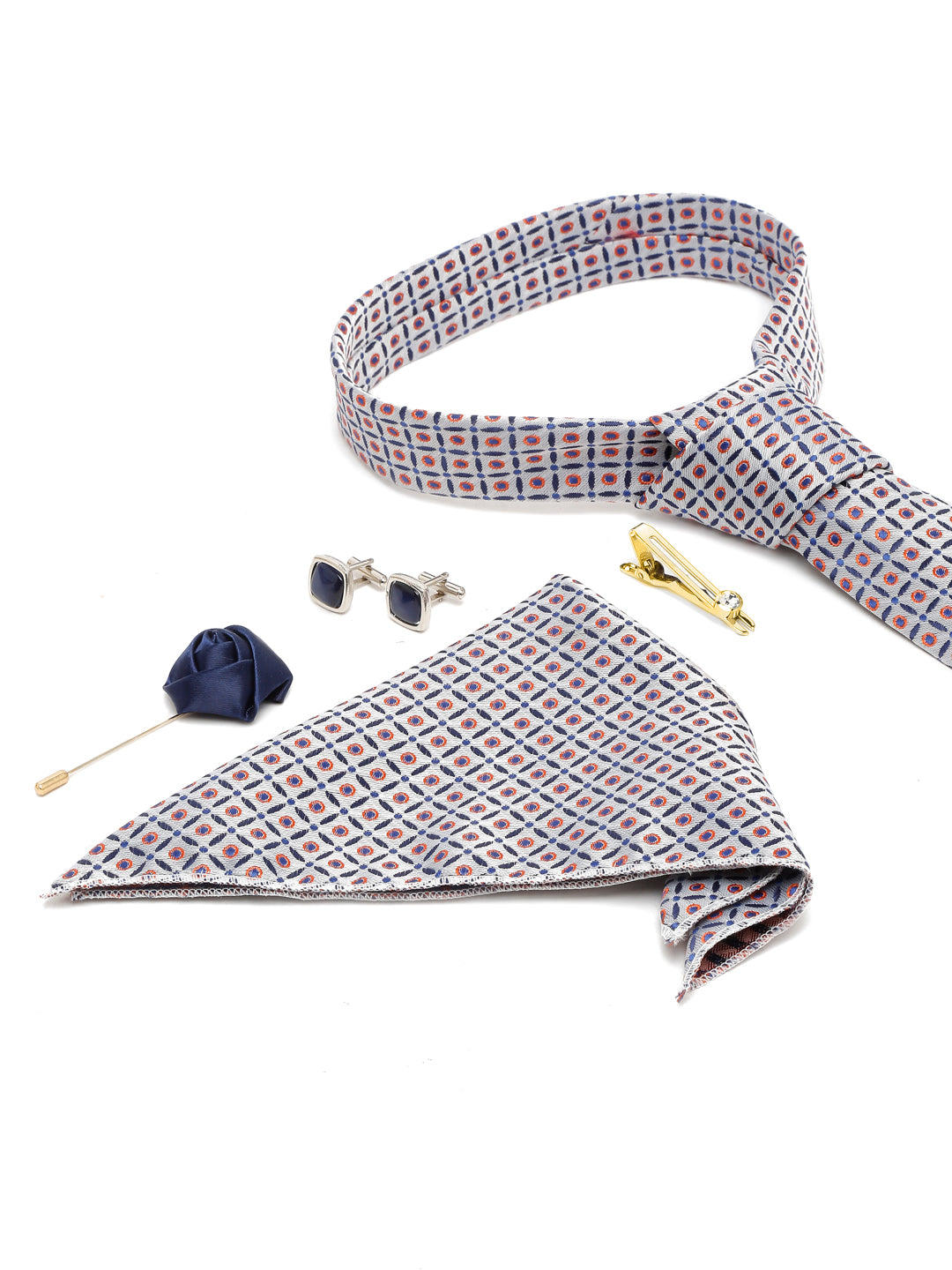 Cloud Grey Luxury Italian Silk Necktie Set With Pocket Square Cufflinks Brooch Gold Tie pin