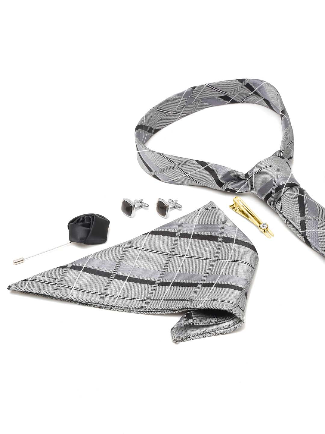 Pewter Grey Italian Silk Necktie Set Pocket Square Golden Tiepin cufflinks and Brooch