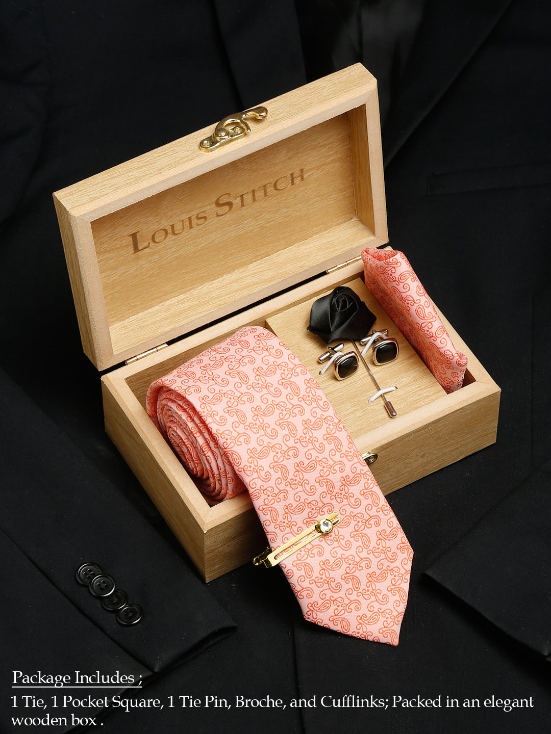  Coral Luxury Italian Silk Necktie Set With Pocket Square Cufflinks Brooch Gold Tie pin