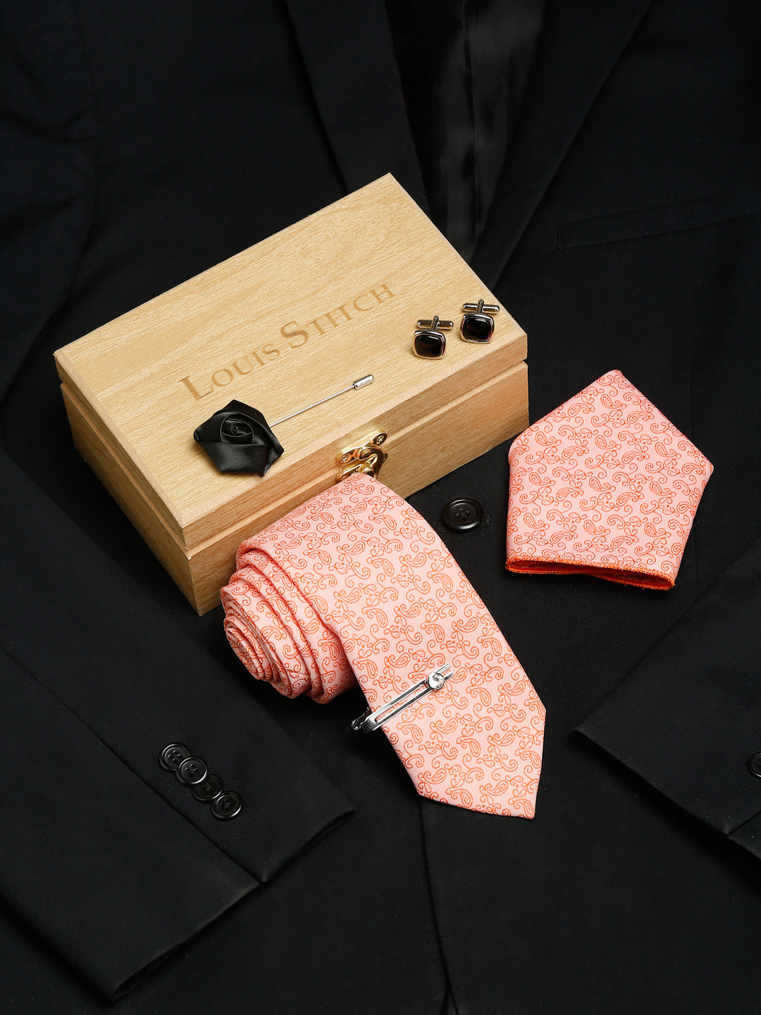 Coral Luxury Italian Silk Necktie Set With Pocket Square Cufflinks Brooch Gold Tie pin