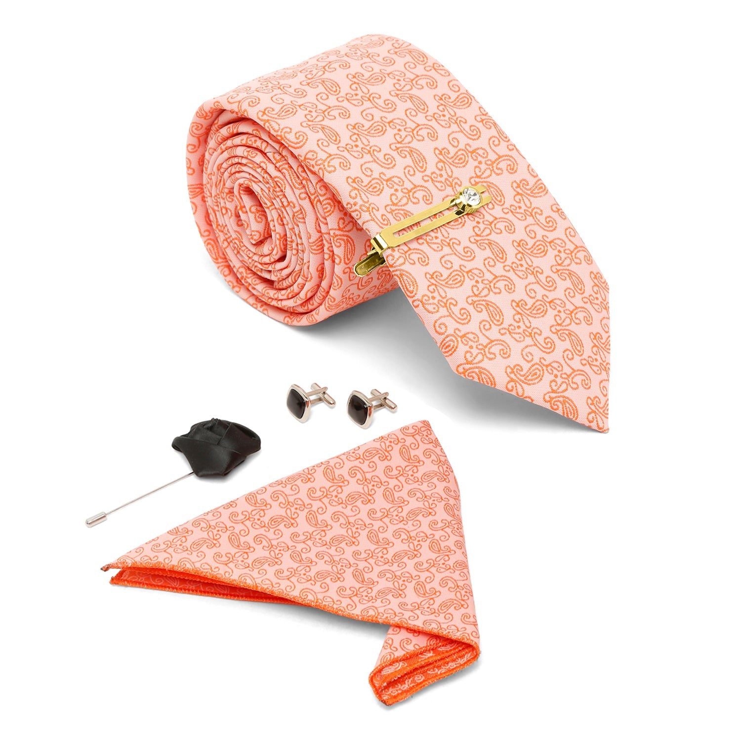 Coral Luxury Italian Silk Necktie Set With Pocket Square Cufflinks Brooch Gold Tie pin