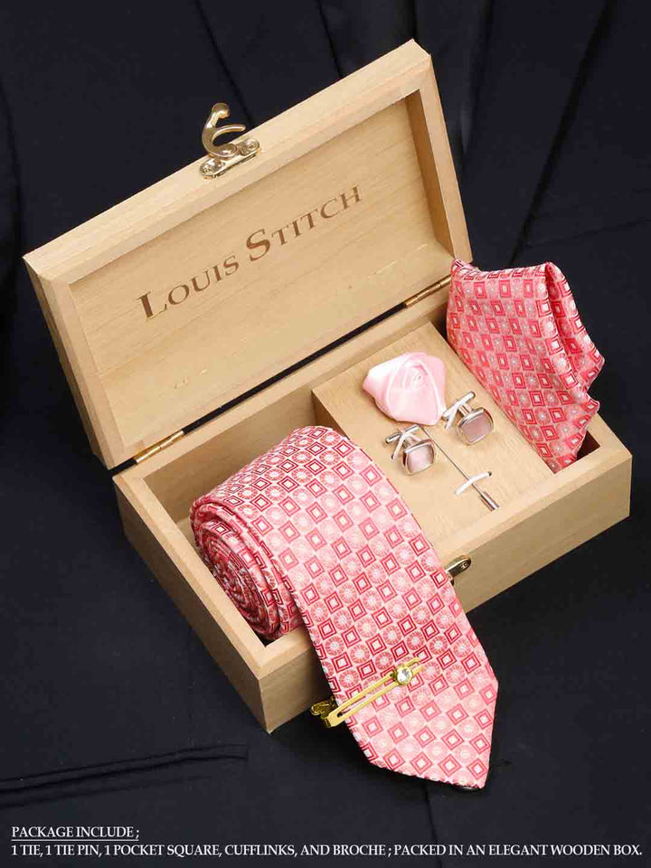  Salmon Peach Luxury Italian Silk Necktie Set With Pocket Square Cufflinks Brooch Gold Tie pin