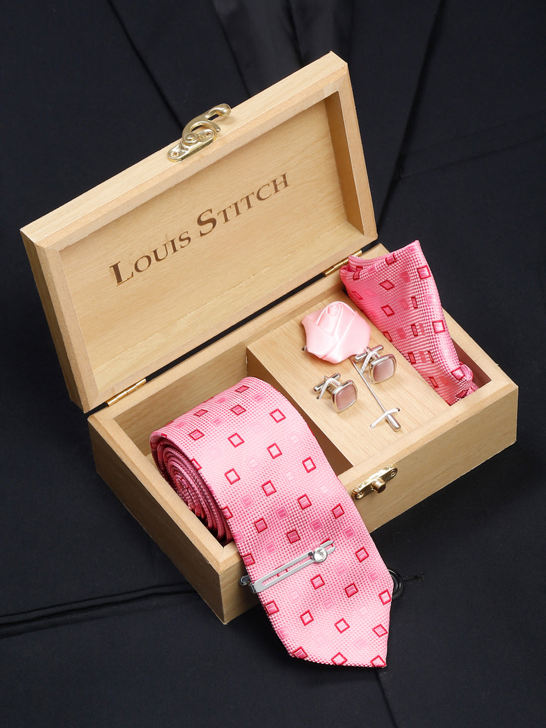  Blush Peach Luxury Italian Silk Necktie Set With Pocket Square Cufflinks Brooch Chrome Tie pin