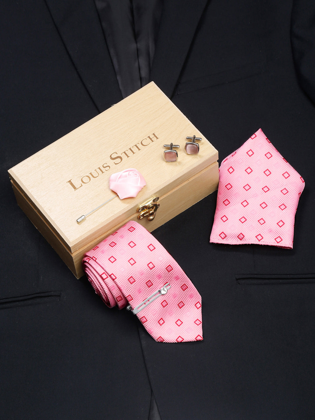 Blush Peach Luxury Italian Silk Necktie Set With Pocket Square Cufflinks Brooch Chrome Tie pin