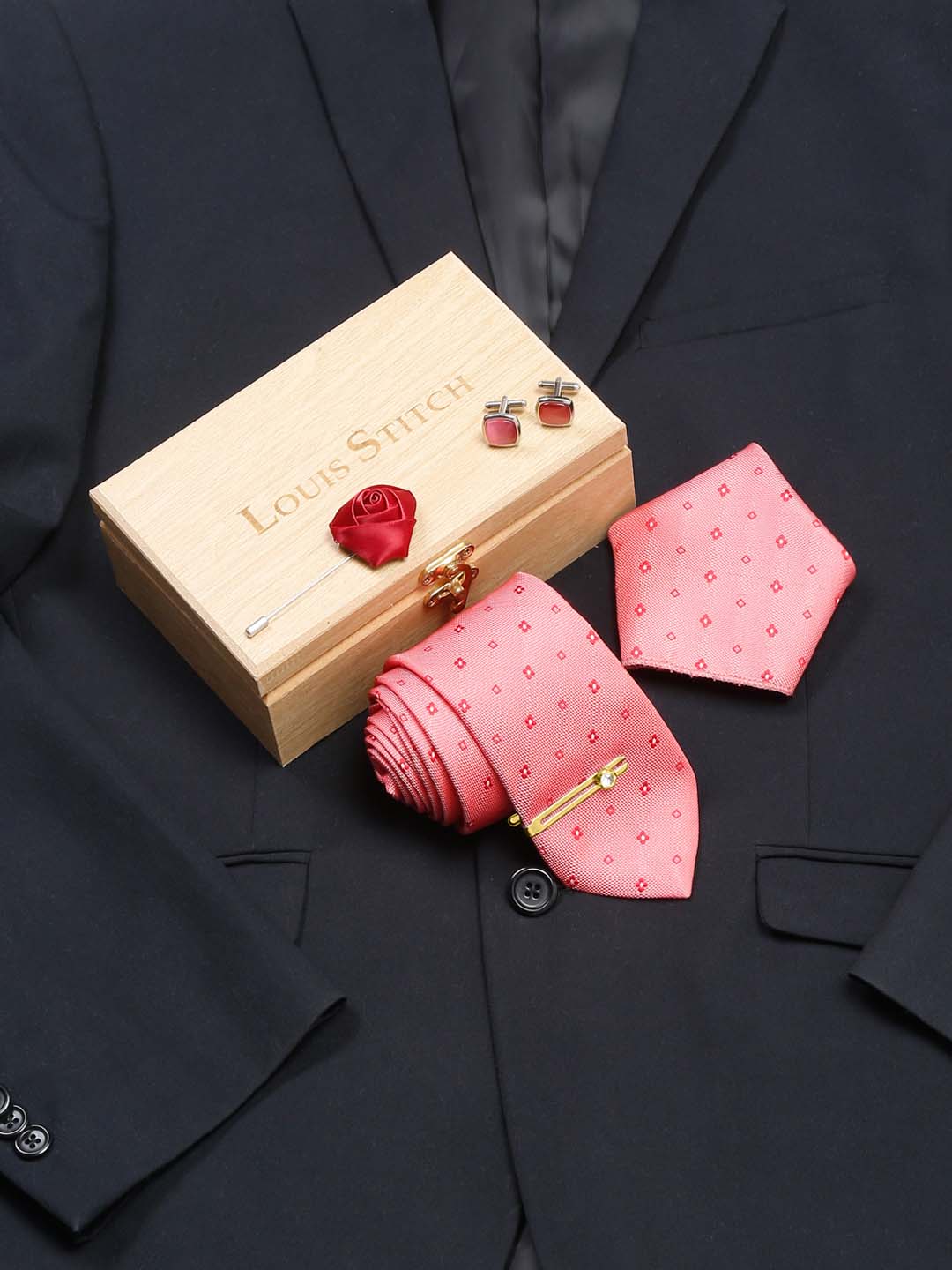 Sea Pink Luxury Italian Silk Necktie Set With Pocket Square Cufflinks Brooch Gold Tie pin