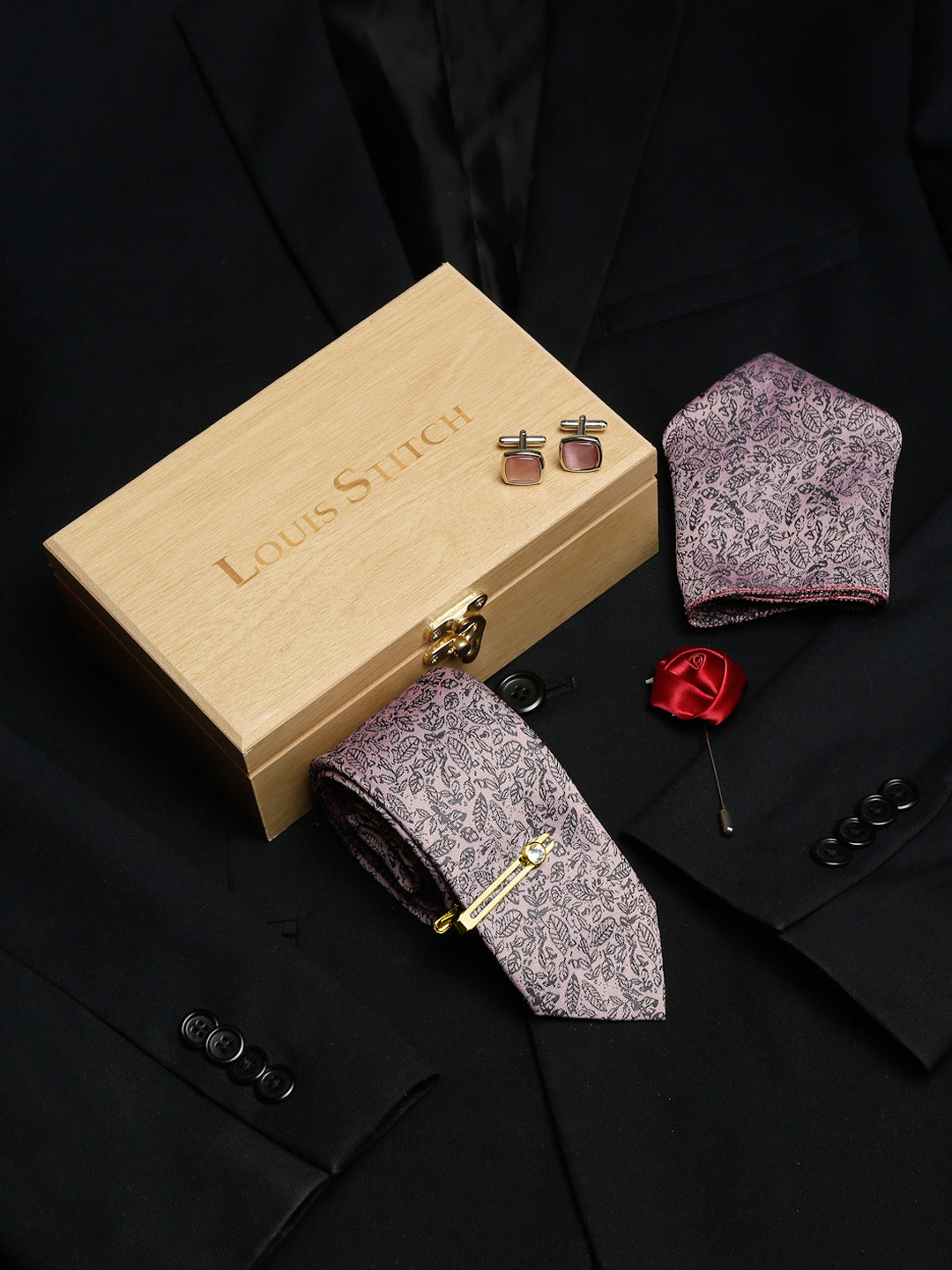 Baby Pink Luxury Italian Silk Necktie Set With Pocket Square Cufflinks Brooch Gold Tie pin