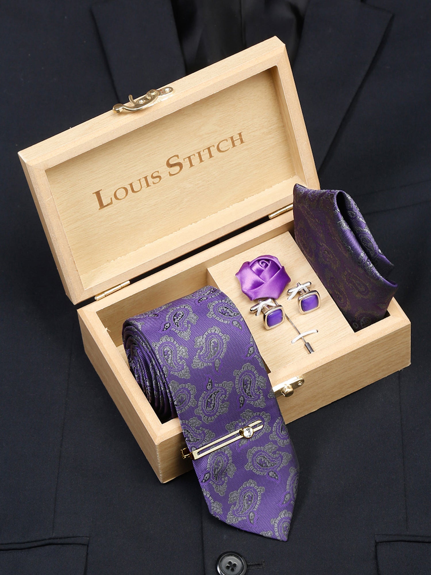  Iris Purple Luxury Italian Silk Necktie Set With Pocket Square Cufflinks Brooch Gold Tie pin