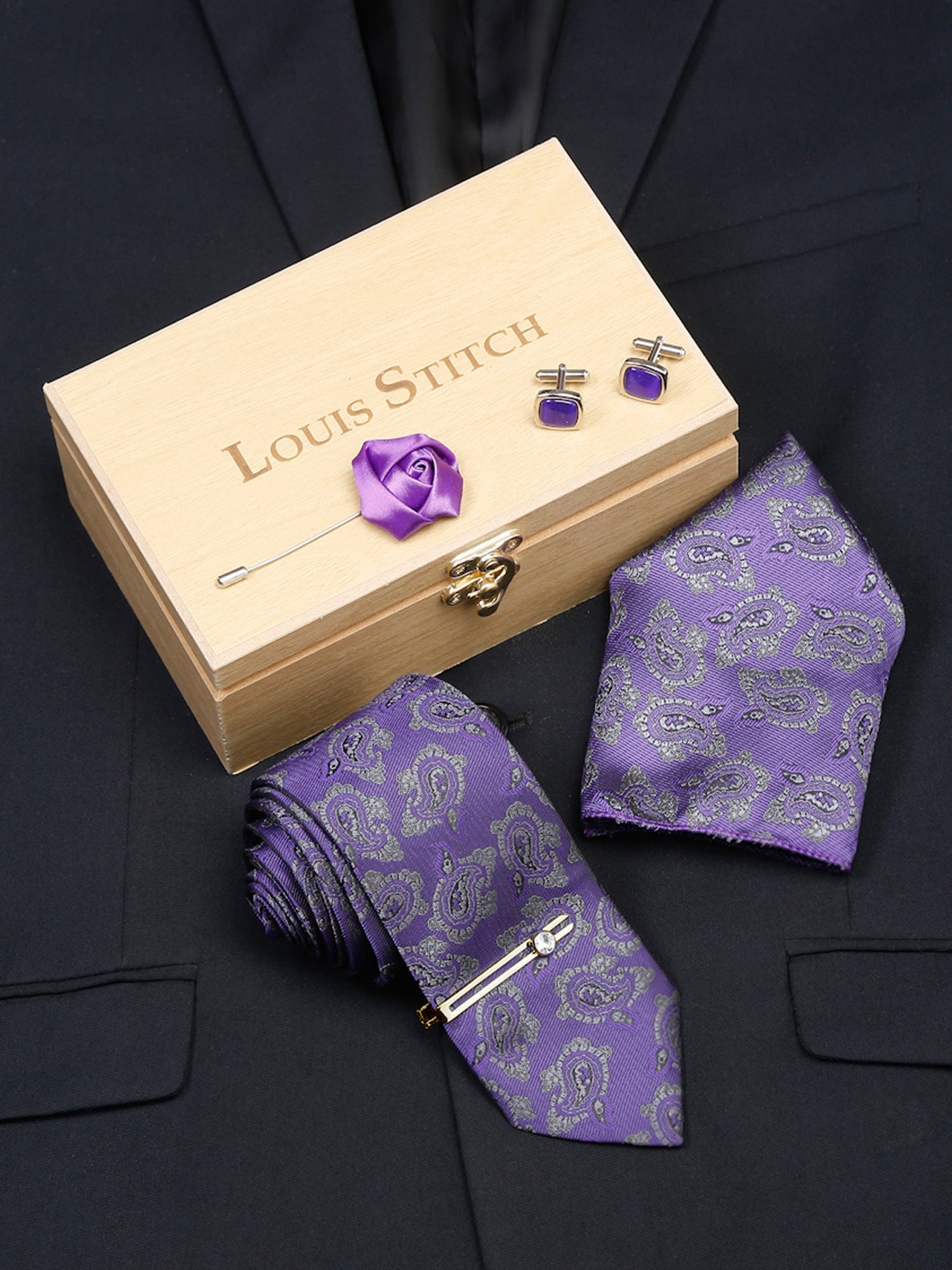 Iris Purple Luxury Italian Silk Necktie Set With Pocket Square Cufflinks Brooch Gold Tie pin