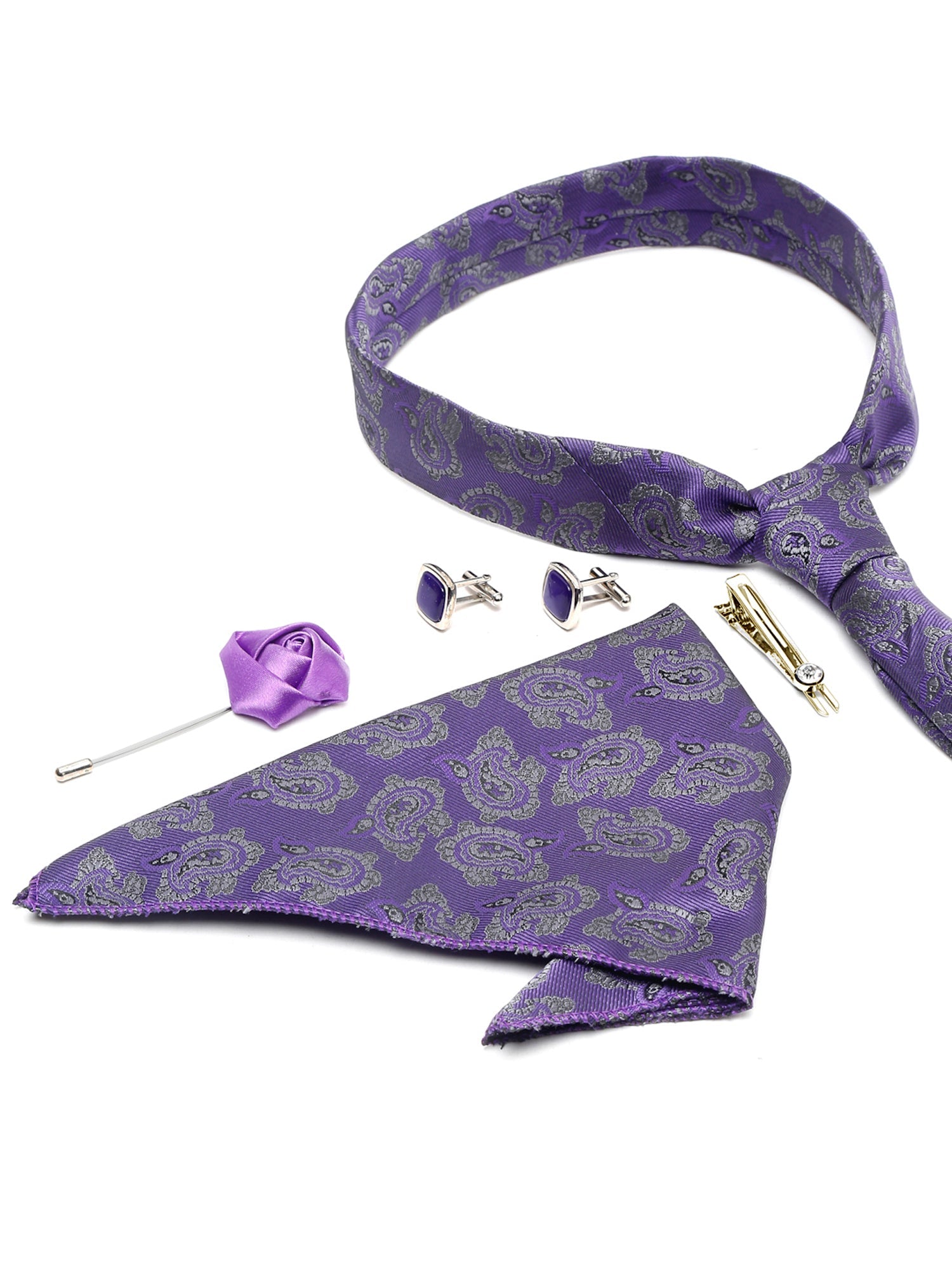 Iris Purple Luxury Italian Silk Necktie Set With Pocket Square Cufflinks Brooch Gold Tie pin