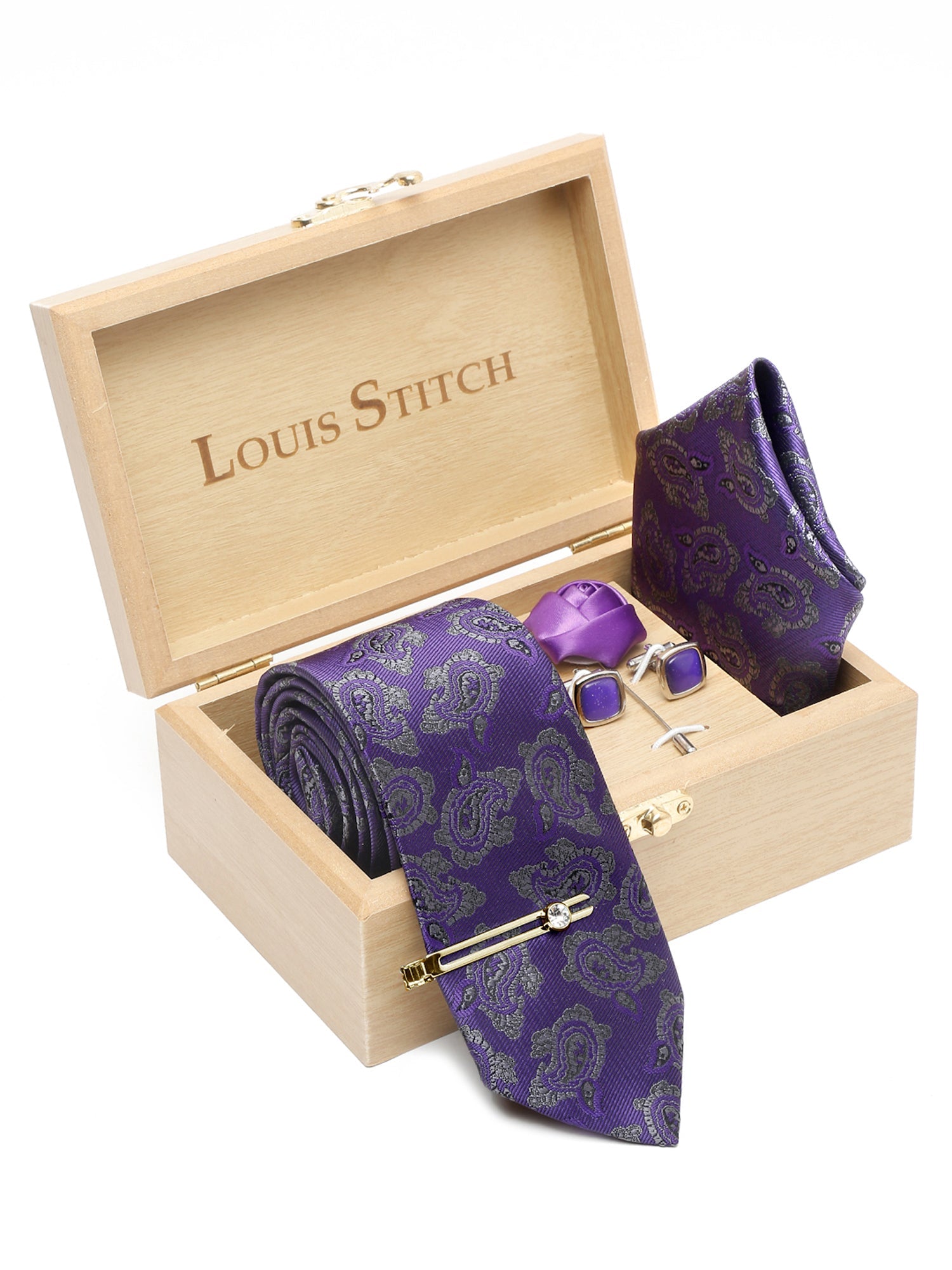 Iris Purple Luxury Italian Silk Necktie Set With Pocket Square Cufflinks Brooch Gold Tie pin