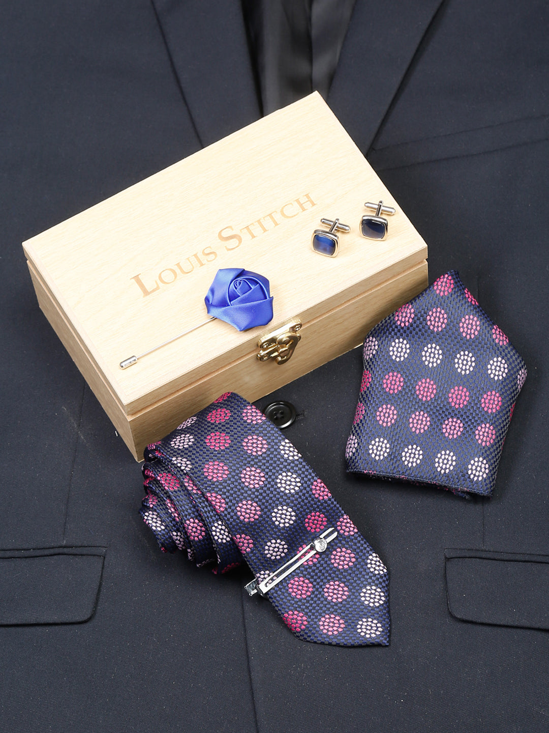 Multicolor Luxury Italian Silk Necktie Set With Pocket Square Cufflinks Brooch Chrome Tie pin