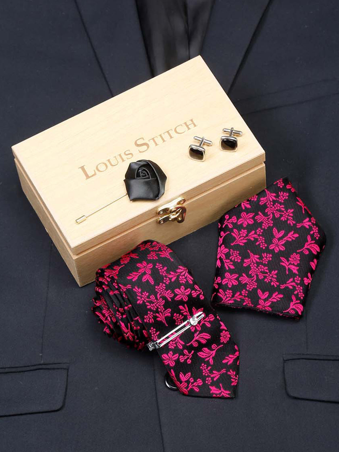 Mulberry Luxury Italian Silk Necktie Set With Pocket Square Cufflinks Brooch Chrome Tie pin