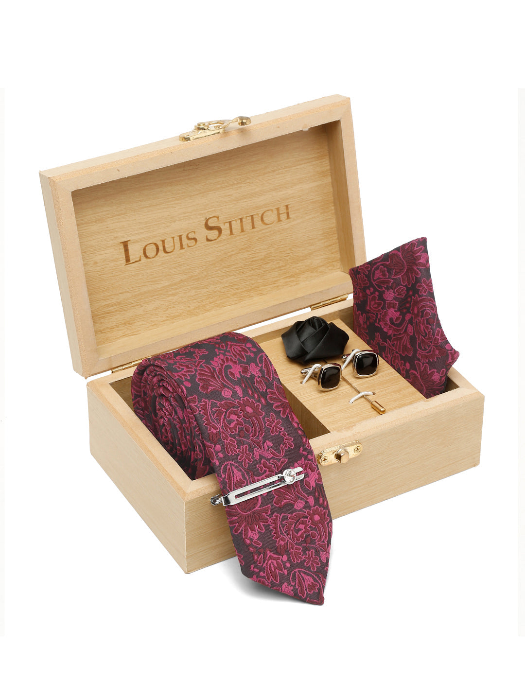 Burgundy Luxury Italian Silk Necktie Set With Pocket Square Cufflinks Brooch Chrome Tie pin