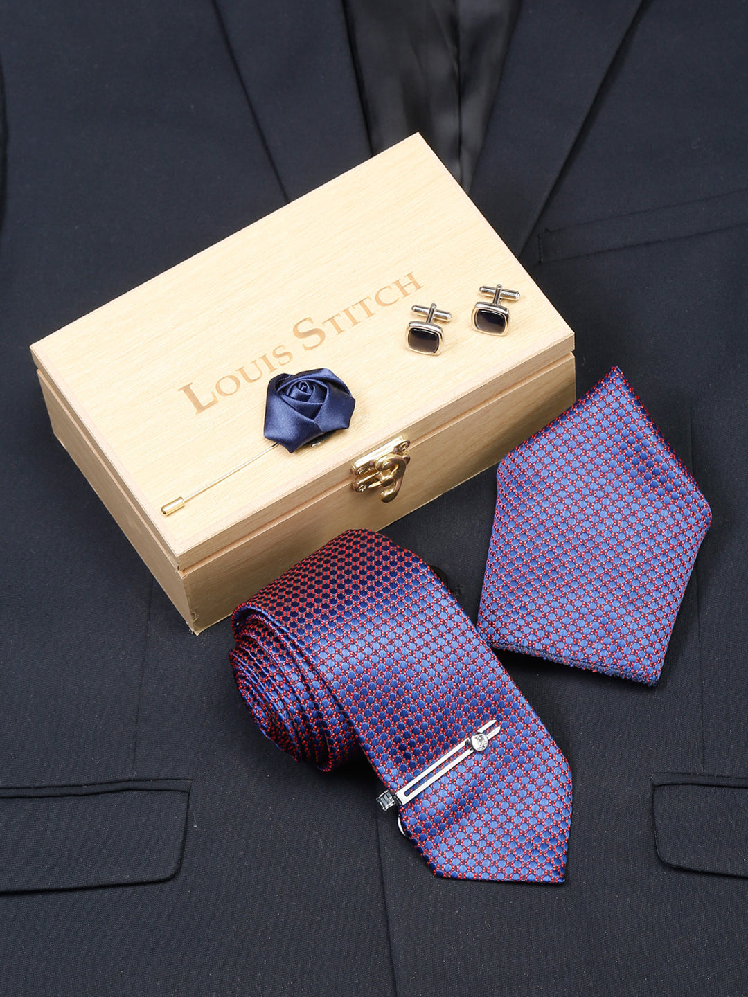 Dark Purple Luxury Italian Silk Necktie Set With Pocket Square Cufflinks Brooch Chrome Tie pin