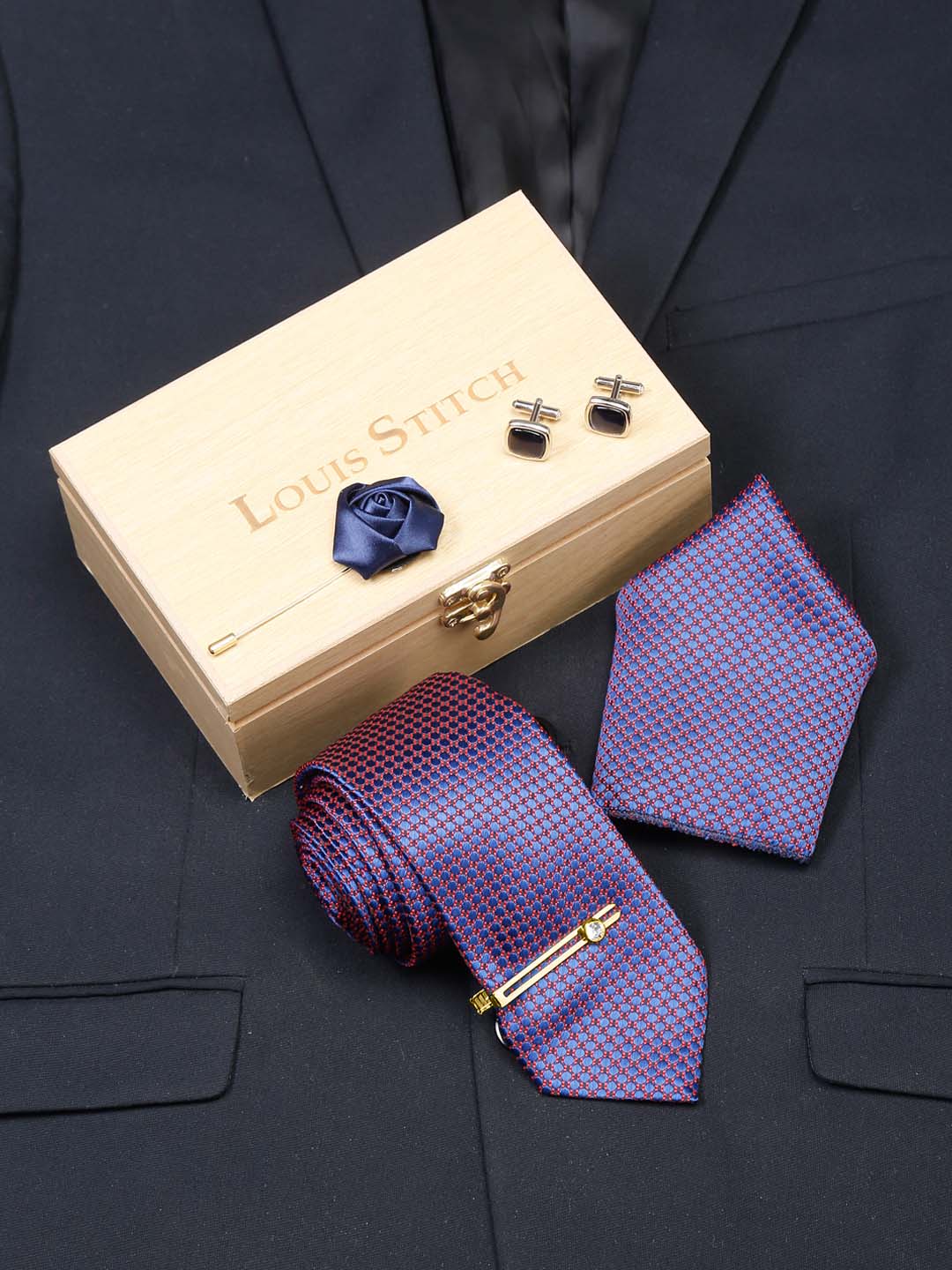 Dark Purple Luxury Italian Silk Necktie Set With Pocket Square Cufflinks Brooch Gold Tie pin