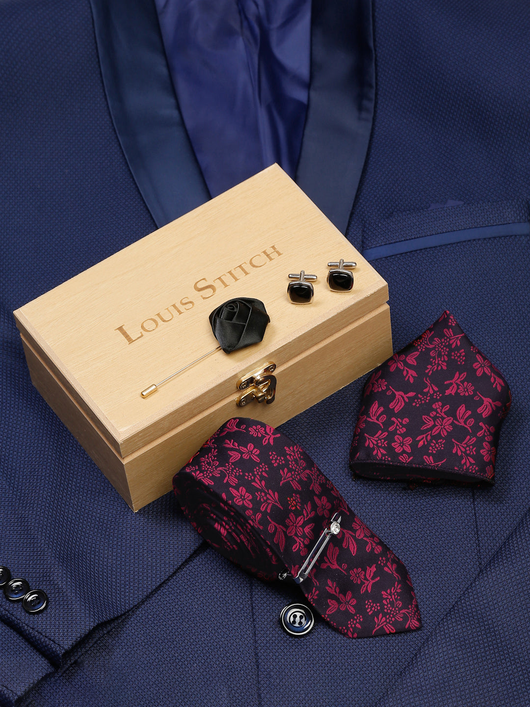 Rasin Pink Luxury Italian Silk Necktie Set With Pocket Square Cufflinks Brooch Chrome Tie pin