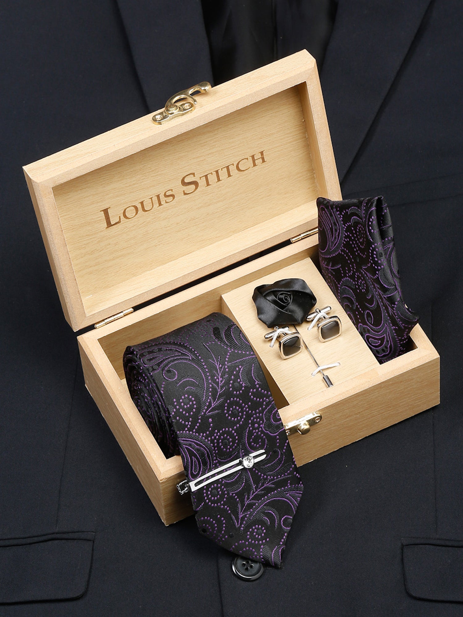  Heather Purple Luxury Italian Silk Necktie Set With Pocket Square Cufflinks Brooch Chrome Tie pin