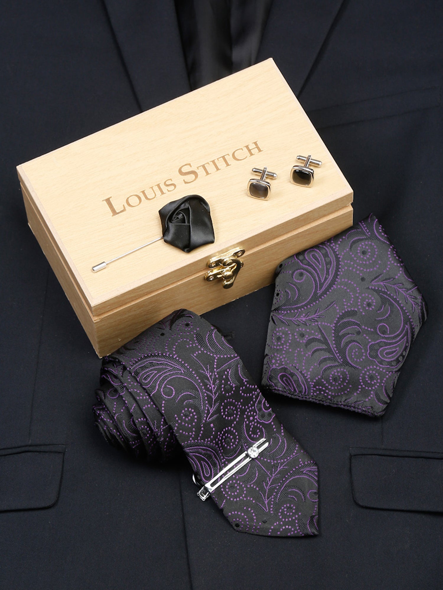 Heather Purple Luxury Italian Silk Necktie Set With Pocket Square Cufflinks Brooch Chrome Tie pin