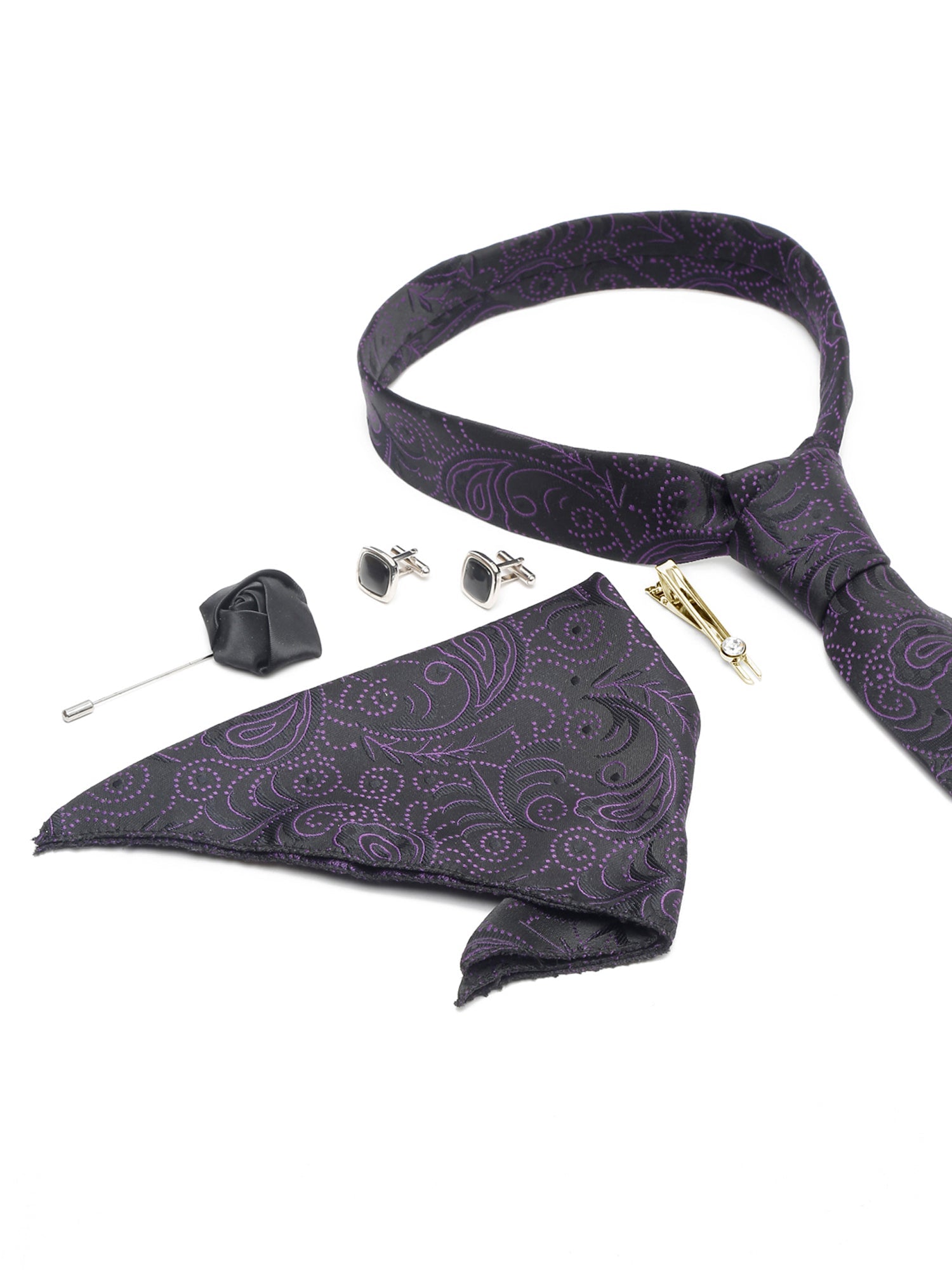 Heather Purple Luxury Italian Silk Necktie Set With Pocket Square Cufflinks Brooch Gold Tie pin