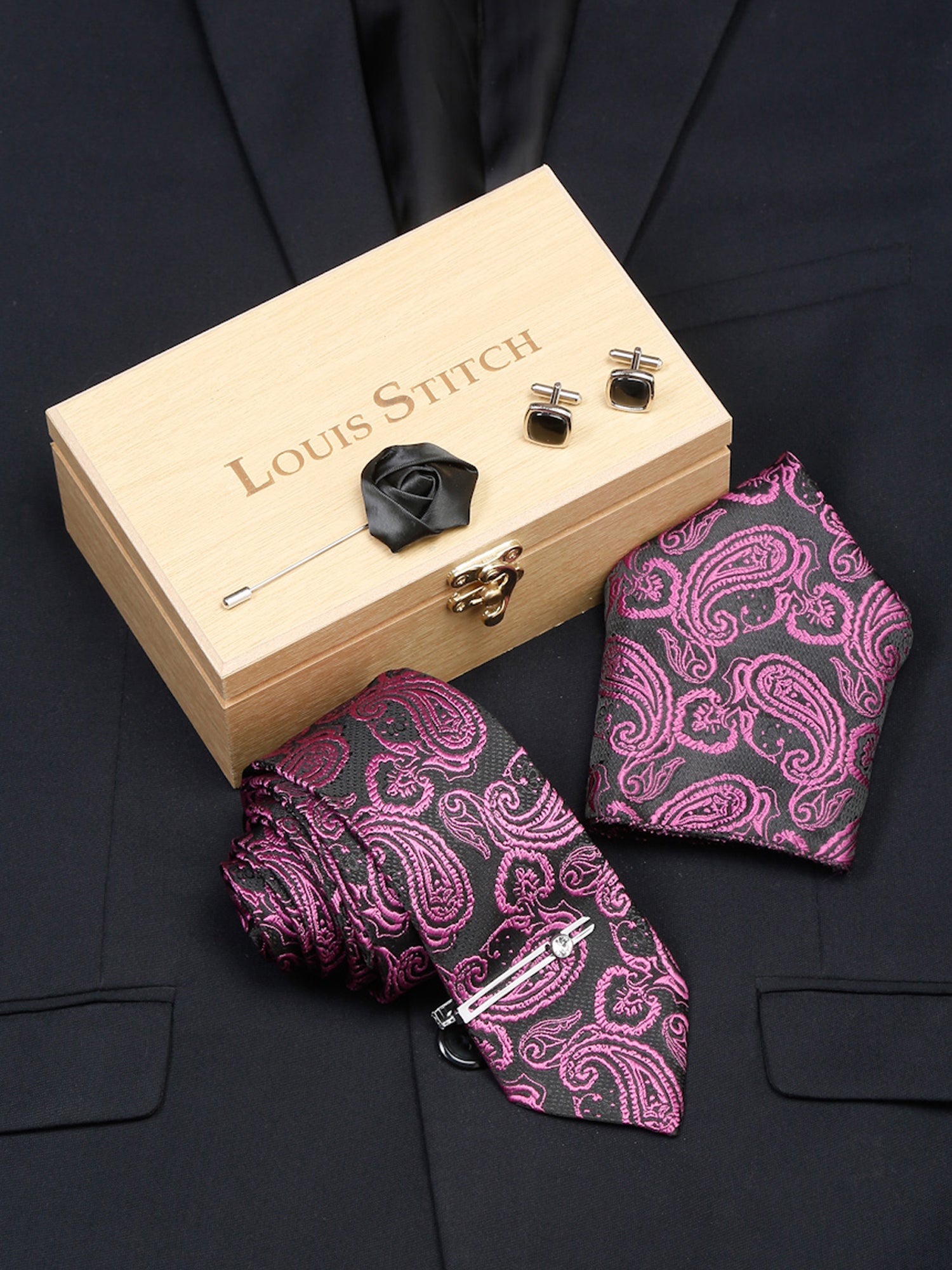 Orchid Purple Luxury Italian Silk Necktie Set With Pocket Square Cufflinks Brooch Chrome Tie pin