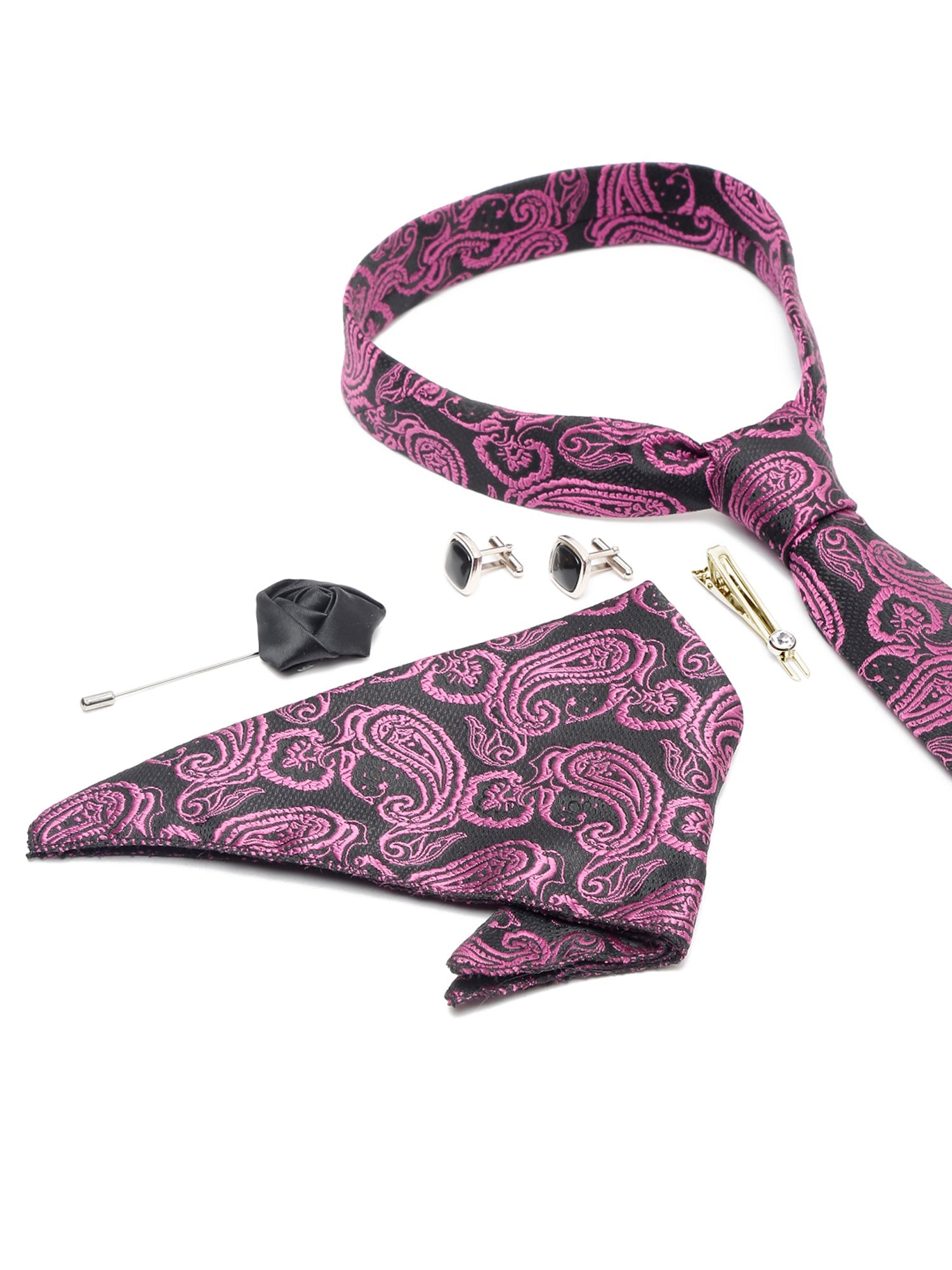 Orchid Purple Luxury Italian Silk Necktie Set With Pocket Square Cufflinks Brooch Gold Tie pin