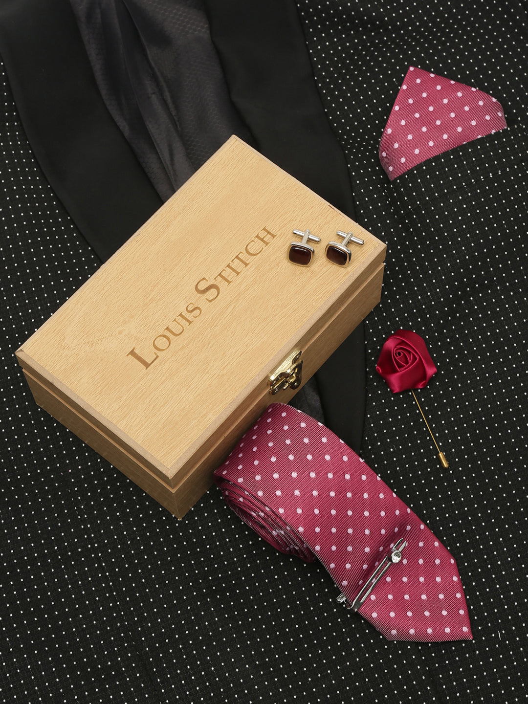 Polka Rosewood Luxury Italian Silk Necktie Set With Pocket Square Cufflinks Brooch Chrome Tie pin