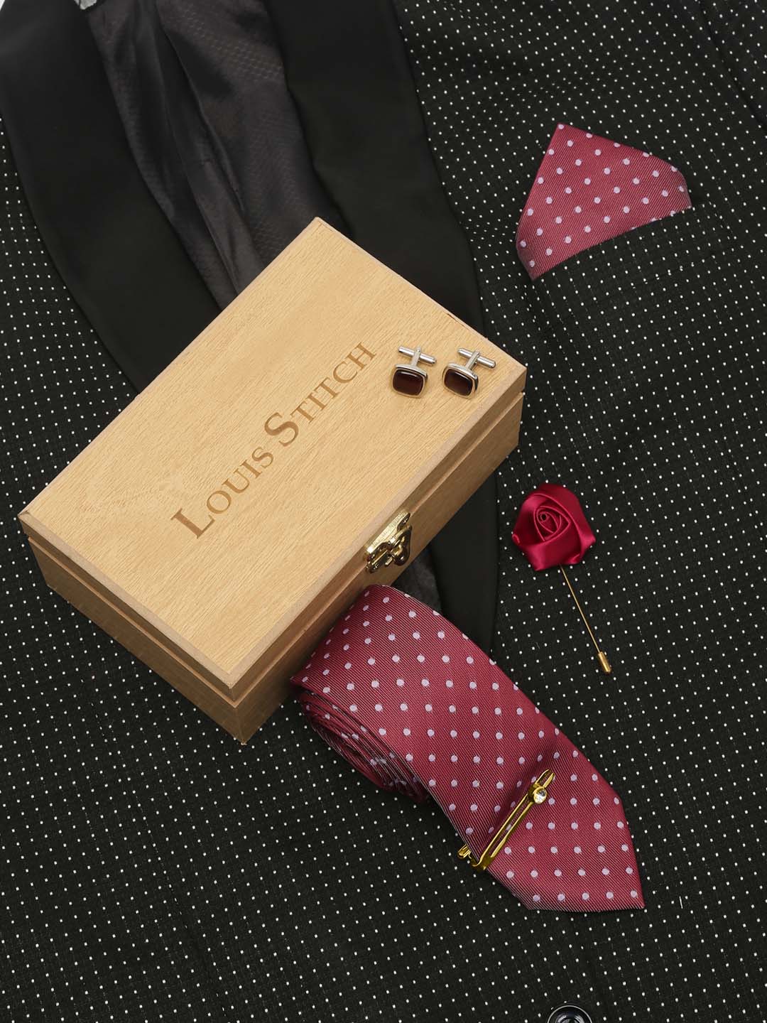 Polka Rosewood Luxury Italian Silk Necktie Set With Pocket Square Cufflinks Brooch Gold Tie pin