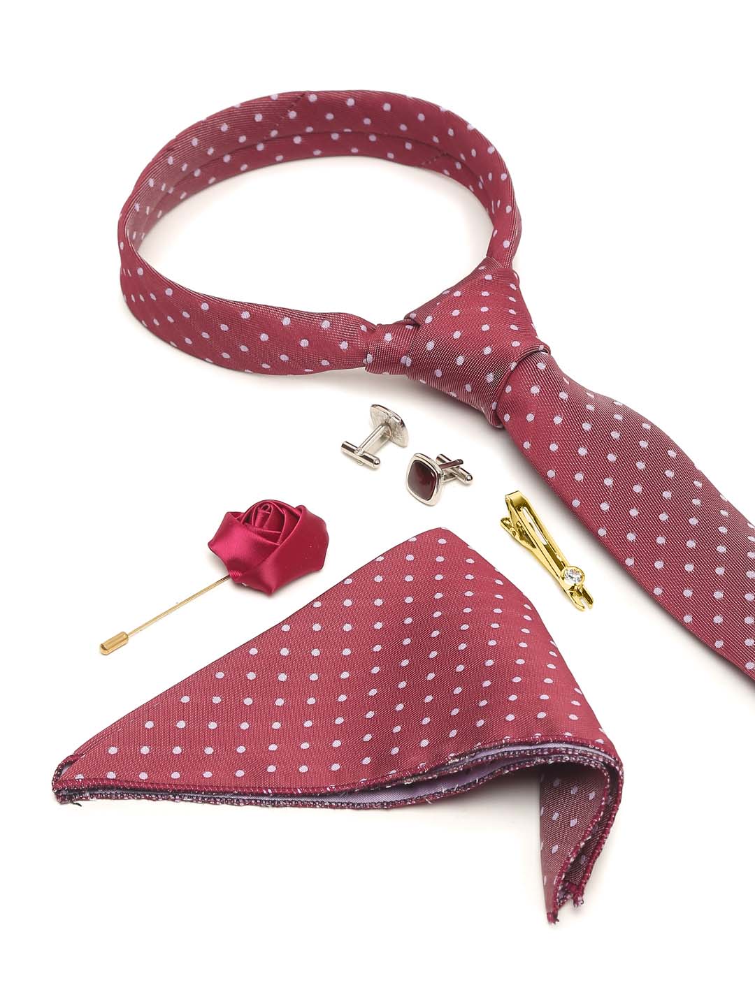 Polka Rosewood Luxury Italian Silk Necktie Set With Pocket Square Cufflinks Brooch Gold Tie pin