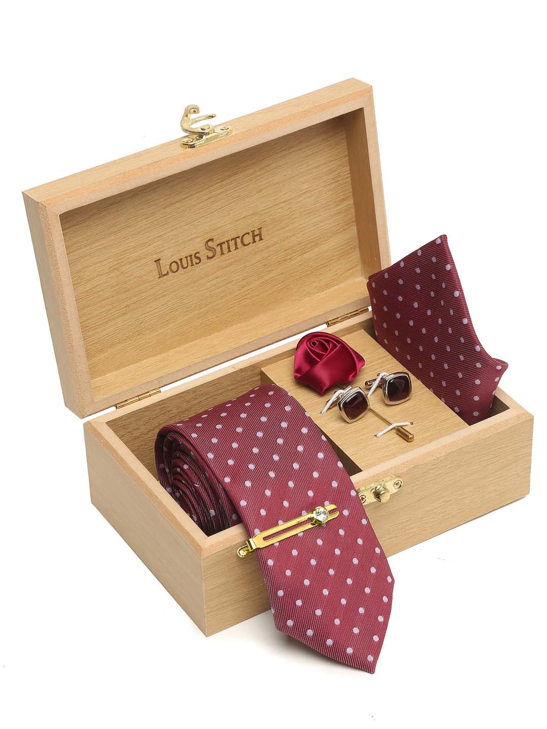 Polka Rosewood Luxury Italian Silk Necktie Set With Pocket Square Cufflinks Brooch Gold Tie pin