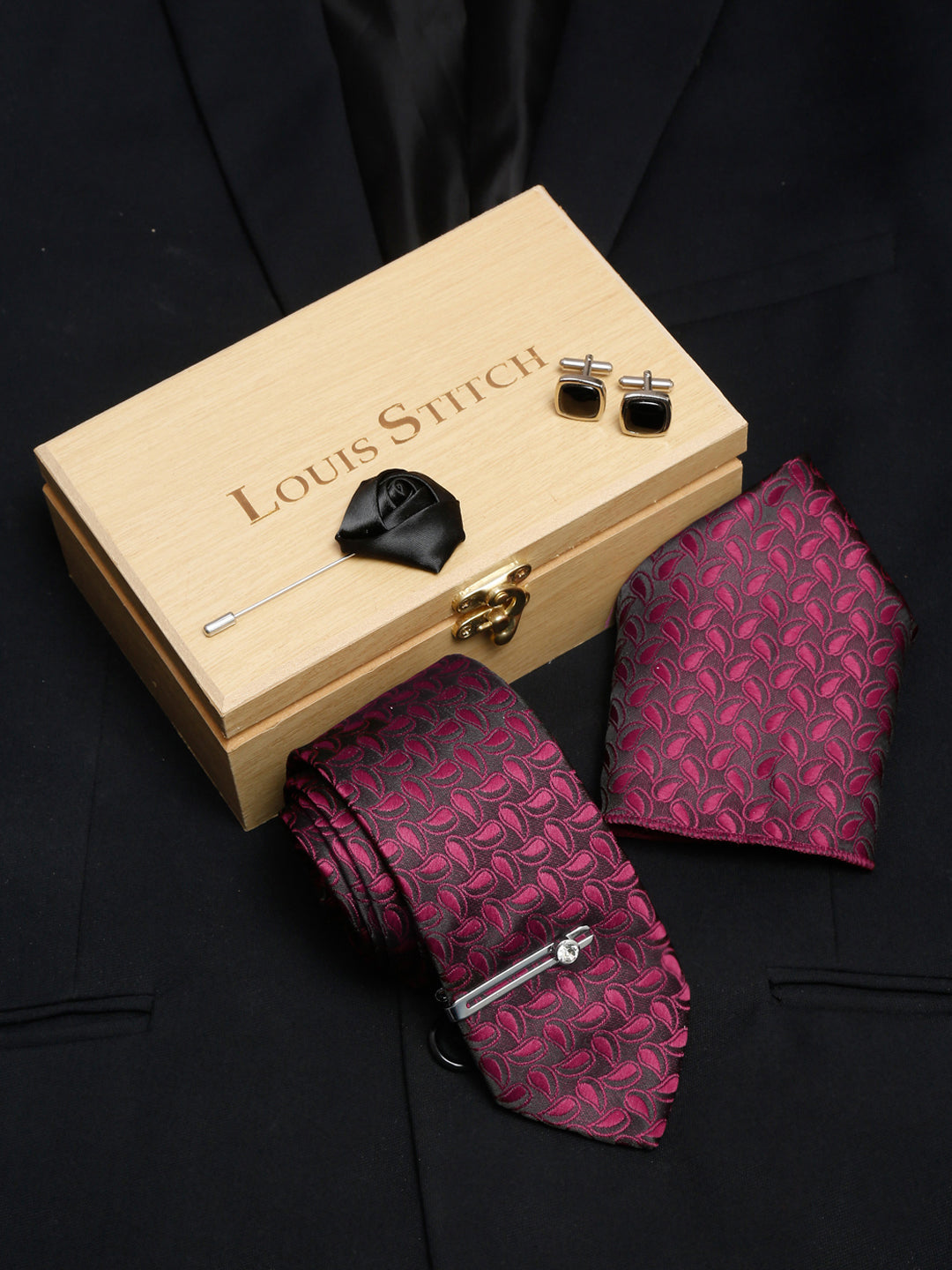 Burgundy Red Luxury Italian Silk Necktie Set With Pocket Square Cufflinks Brooch Chrome Tie pin